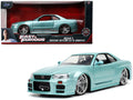 Brian's Nissan Skyline GT-R (BNR34) RHD (Right Hand Drive) Turquoise Metallic 'Fast & Furious' Movie 1/24 Diecast Model Car by Jada