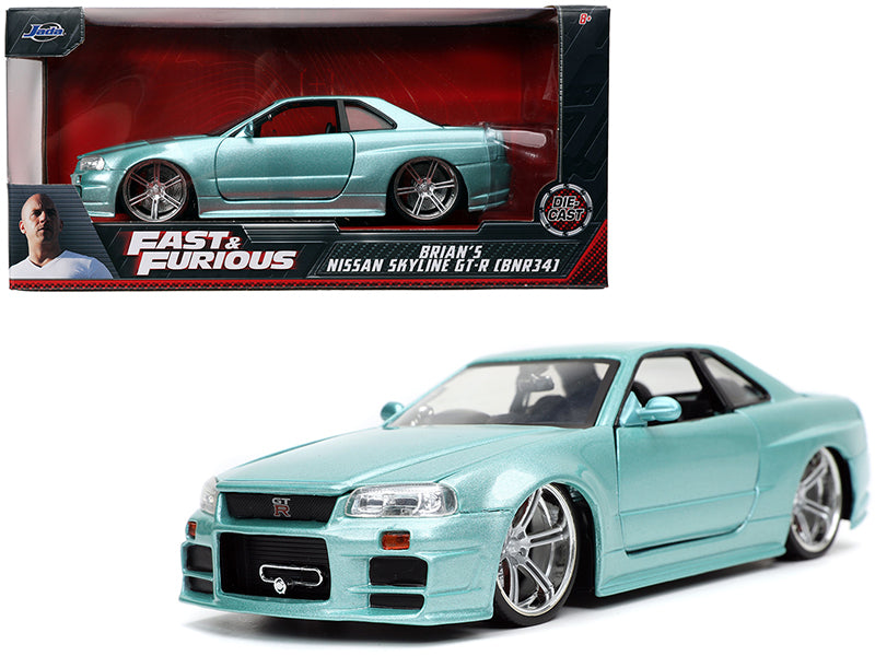 Brian's Nissan Skyline GT-R (BNR34) RHD (Right Hand Drive) Turquoise Metallic 'Fast & Furious' Movie 1/24 Diecast Model Car by Jada