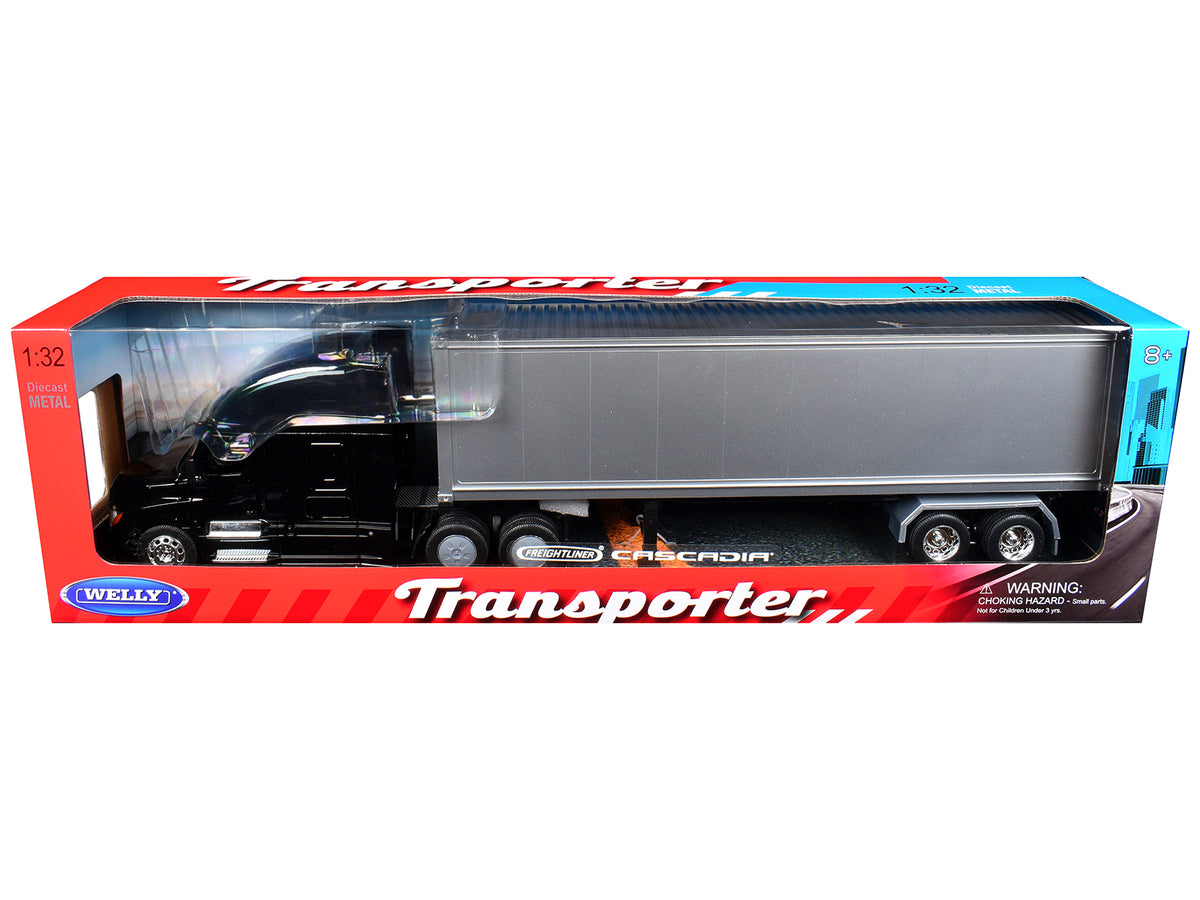 Freightliner Cascadia Truck Black with Silver Container 'Transporter' Series 1/32 Diecast Model by Welly