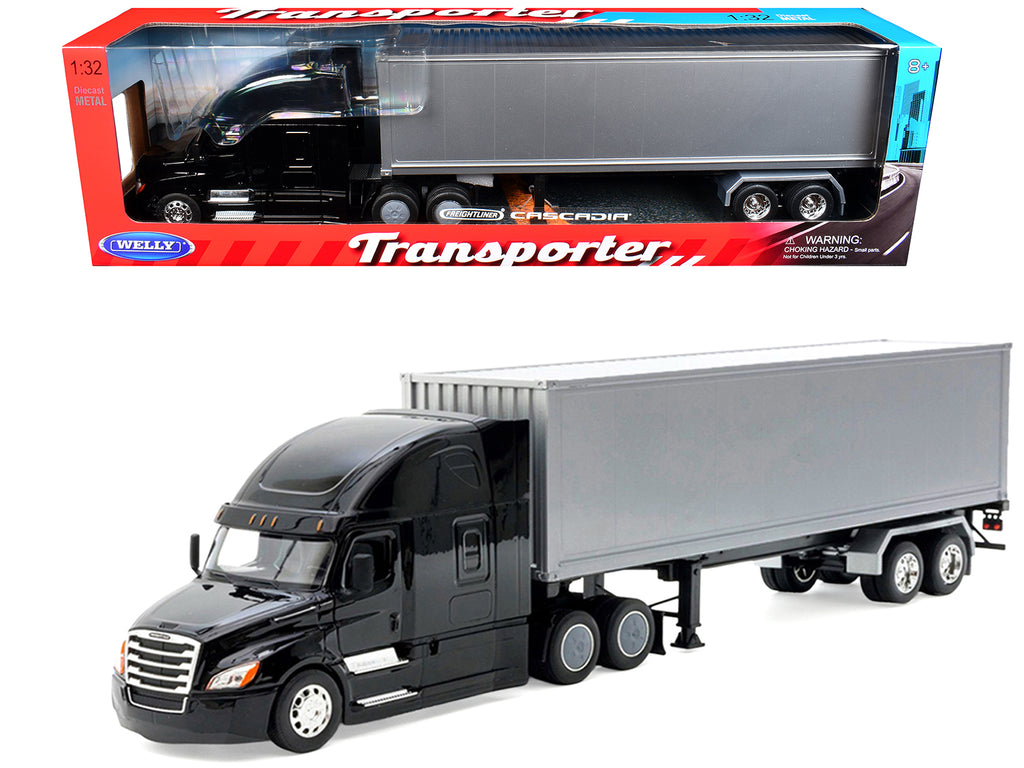 Freightliner Cascadia Truck Black with Silver Container 'Transporter' Series 1/32 Diecast Model by Welly