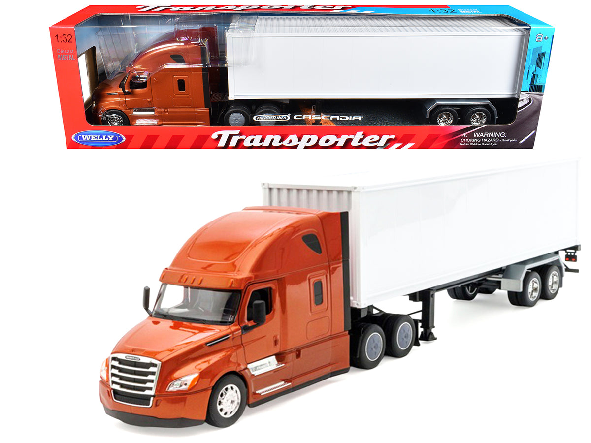 Freightliner Cascadia Truck Bronze Metallic with White Container 'Transporter' Series 1/32 Diecast Model by Welly