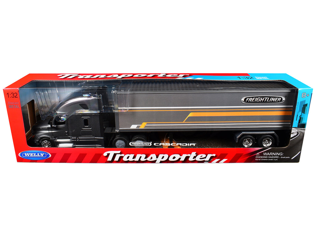 Freightliner Cascadia Truck Gray Metallic with Gray Container with Graphics 'Transporter' Series 1/32 Diecast Model by Welly