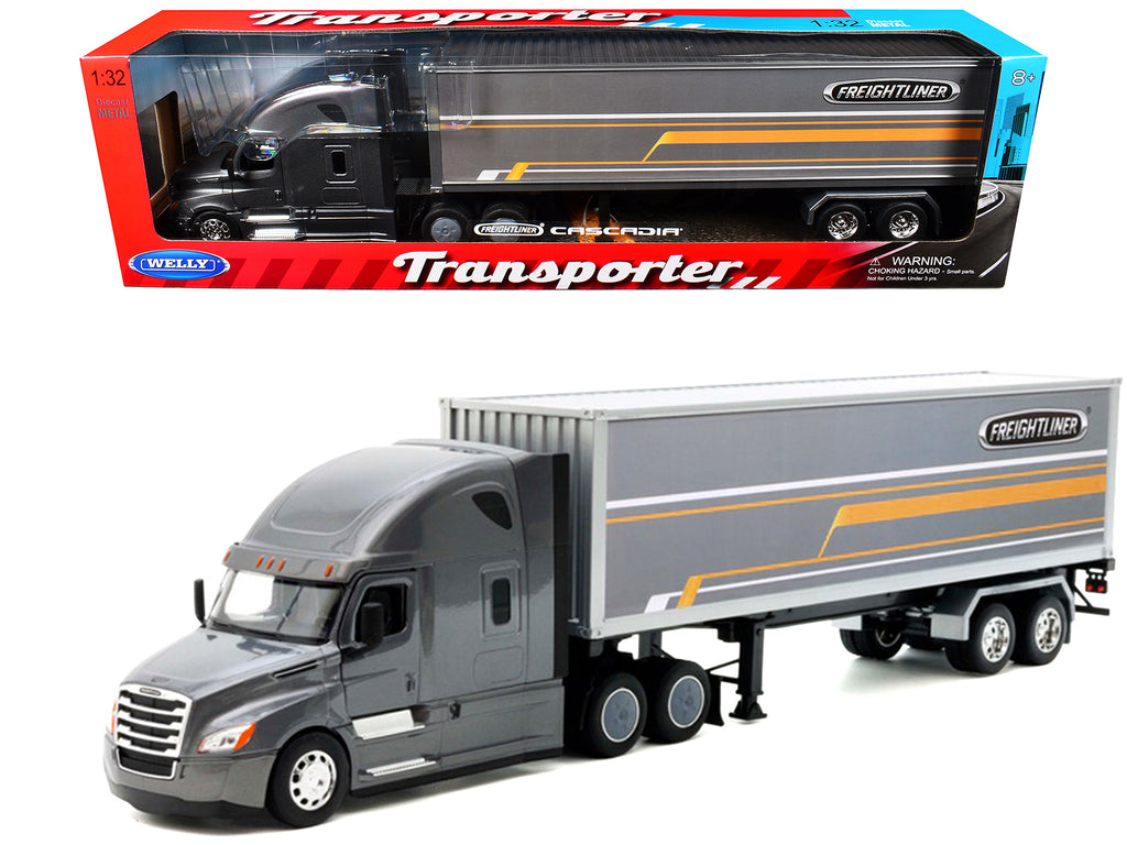 Freightliner Cascadia Truck Gray Metallic with Gray Container with Graphics 'Transporter' Series 1/32 Diecast Model by Welly
