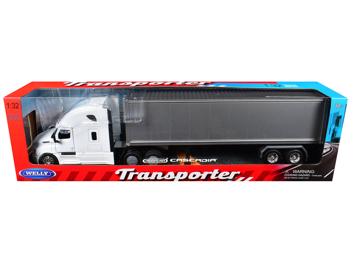 Freightliner Cascadia Truck White with Gray Container 'Transporter' Series 1/32 Diecast Model by Welly