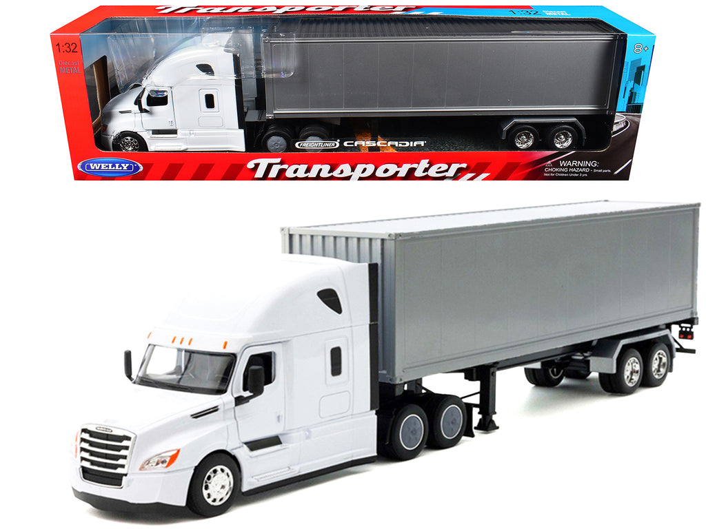 Freightliner Cascadia Truck White with Gray Container 'Transporter' Series 1/32 Diecast Model by Welly