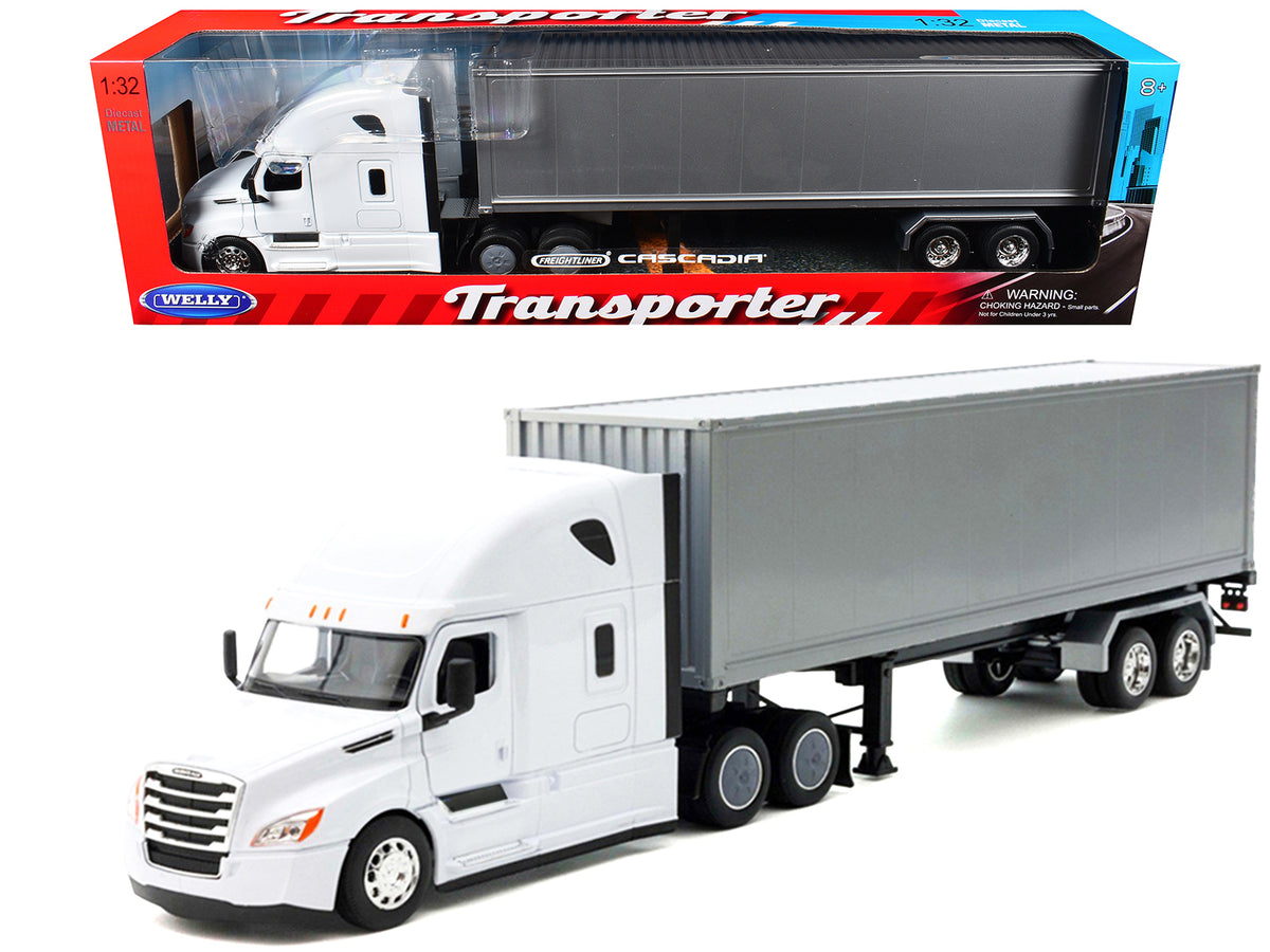 Freightliner Cascadia Truck White with Gray Container 'Transporter' Series 1/32 Diecast Model by Welly