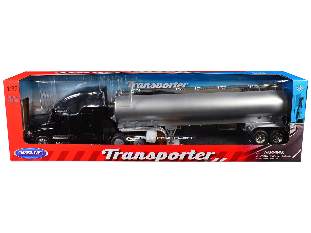 Freightliner Cascadia Truck Black with Silver Tanker Trailer 'Transporter' Series 1/32 Diecast Model by Welly