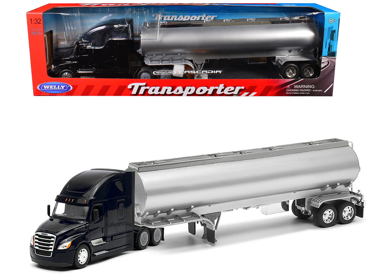 Freightliner Cascadia Truck Black with Silver Tanker Trailer 'Transporter' Series 1/32 Diecast Model by Welly