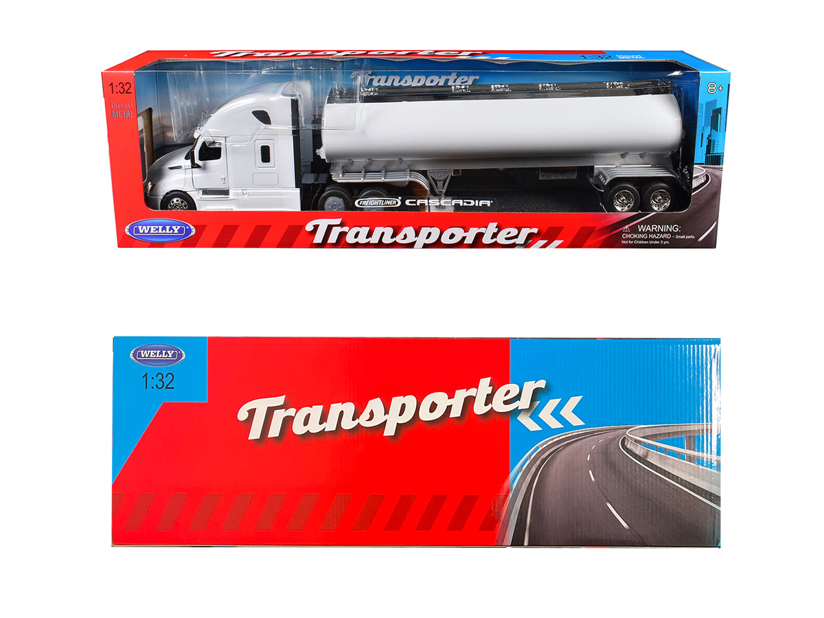 Freightliner Cascadia Truck White with White Tanker Trailer 'Transporter' Series 1/32 Diecast Model by Welly