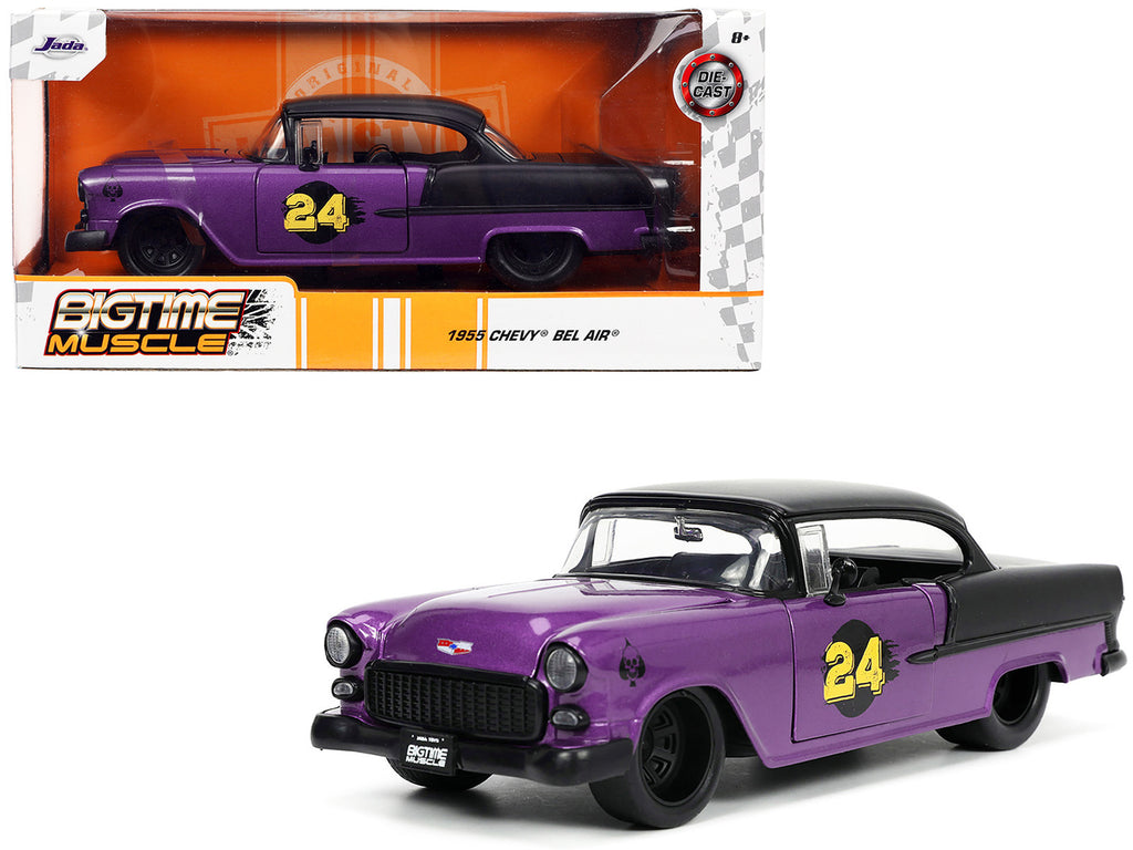 1955 Chevrolet Bel Air #24 Purple Metallic and Matt Black 'Bigtime Muscle' Series 1/24 Diecast Model Car by Jada