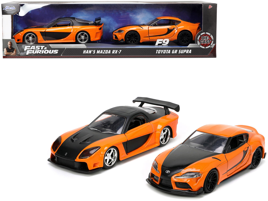 Han's Mazda RX-7 Orange Metallic and Matt Black and Toyota GR Supra Orange Metallic with Black Hood Set of 2 pieces 'Fast & Furious' Series 1/32 Diecast Model Cars by Jada
