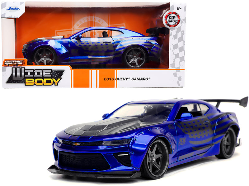 2016 Chevrolet Camaro Widebody Candy Blue with Gray Metallic Hood and American Flag Graphics 'Bigtime Muscle' Series 1/24 Diecast Model Car by Jada