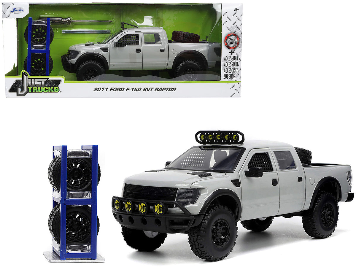 2011 Ford F-150 SVT Raptor Pickup Truck Light Gray with Extra Wheels 'Just Trucks' Series 1/24 Diecast Model Car by Jada