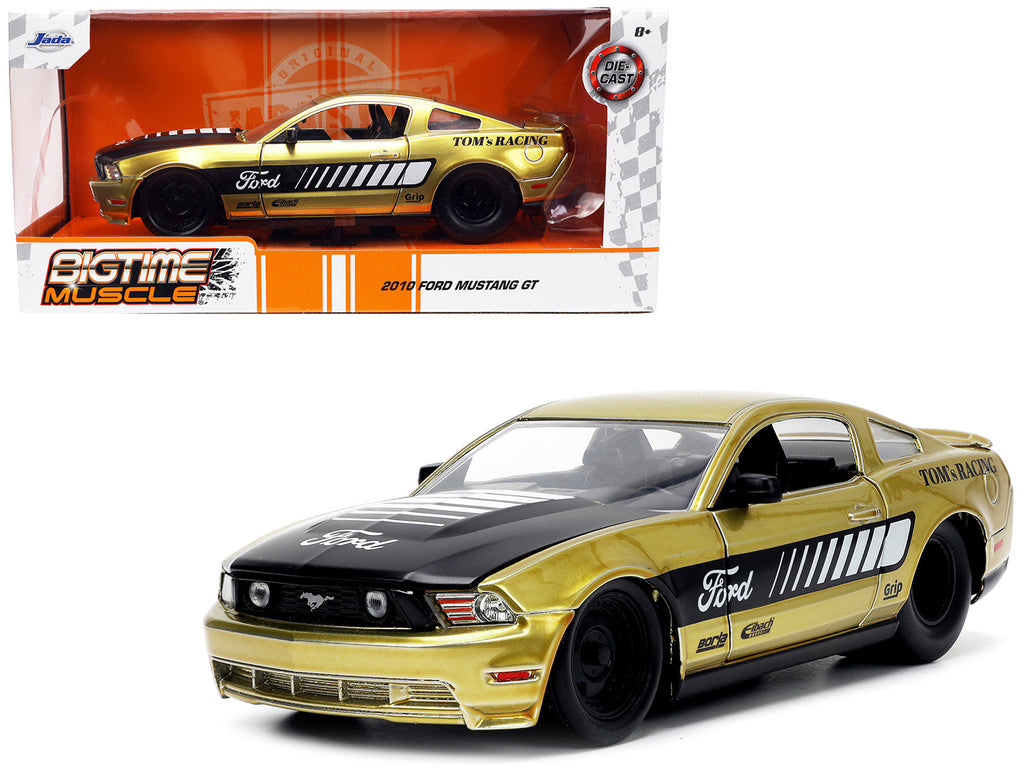 2010 Ford Mustang GT Gold Metallic with Black Graphics and Hood 'Tom's Racing' 'Bigtime Muscle' Series 1/24 Diecast Model Car by Jada