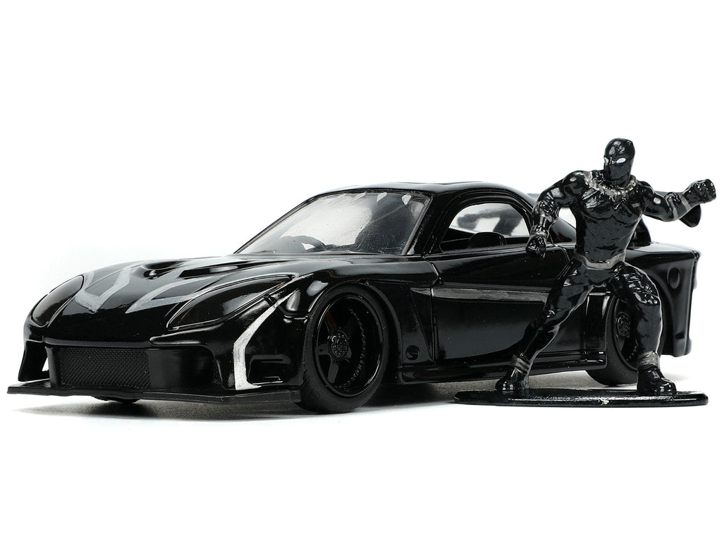 1995 Mazda RX-7 RHD (Right Hand Drive) Black and Black Panther Diecast Figure 'The Avengers' 'Hollywood Rides' Series 1/32 Diecast Model Car by Jada