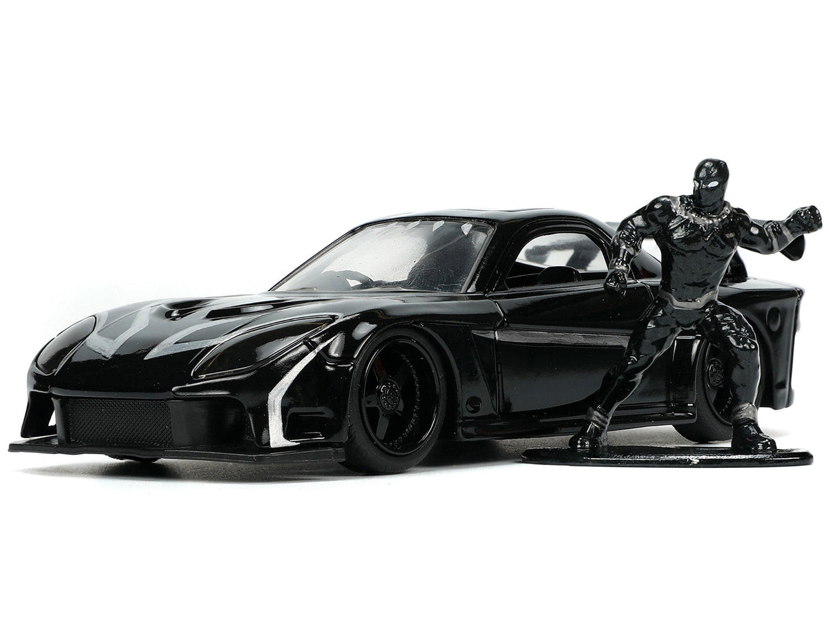 1995 Mazda RX-7 RHD (Right Hand Drive) Black and Black Panther Diecast Figure 'The Avengers' 'Hollywood Rides' Series 1/32 Diecast Model Car by Jada