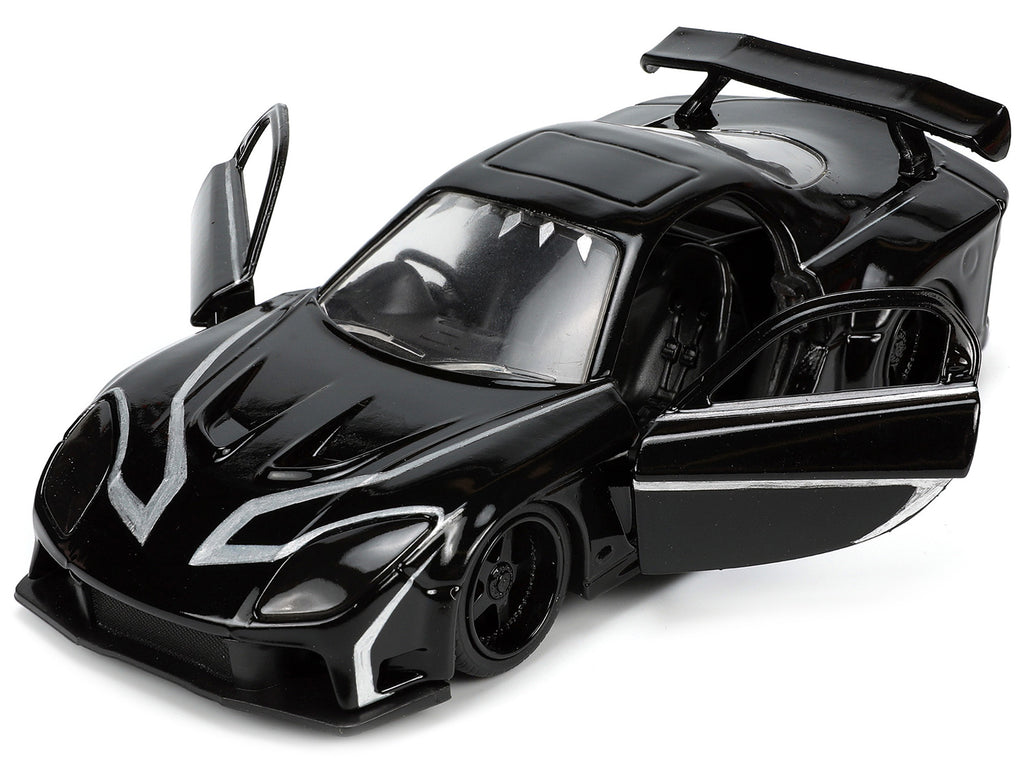 1995 Mazda RX-7 RHD (Right Hand Drive) Black and Black Panther Diecast Figure 'The Avengers' 'Hollywood Rides' Series 1/32 Diecast Model Car by Jada