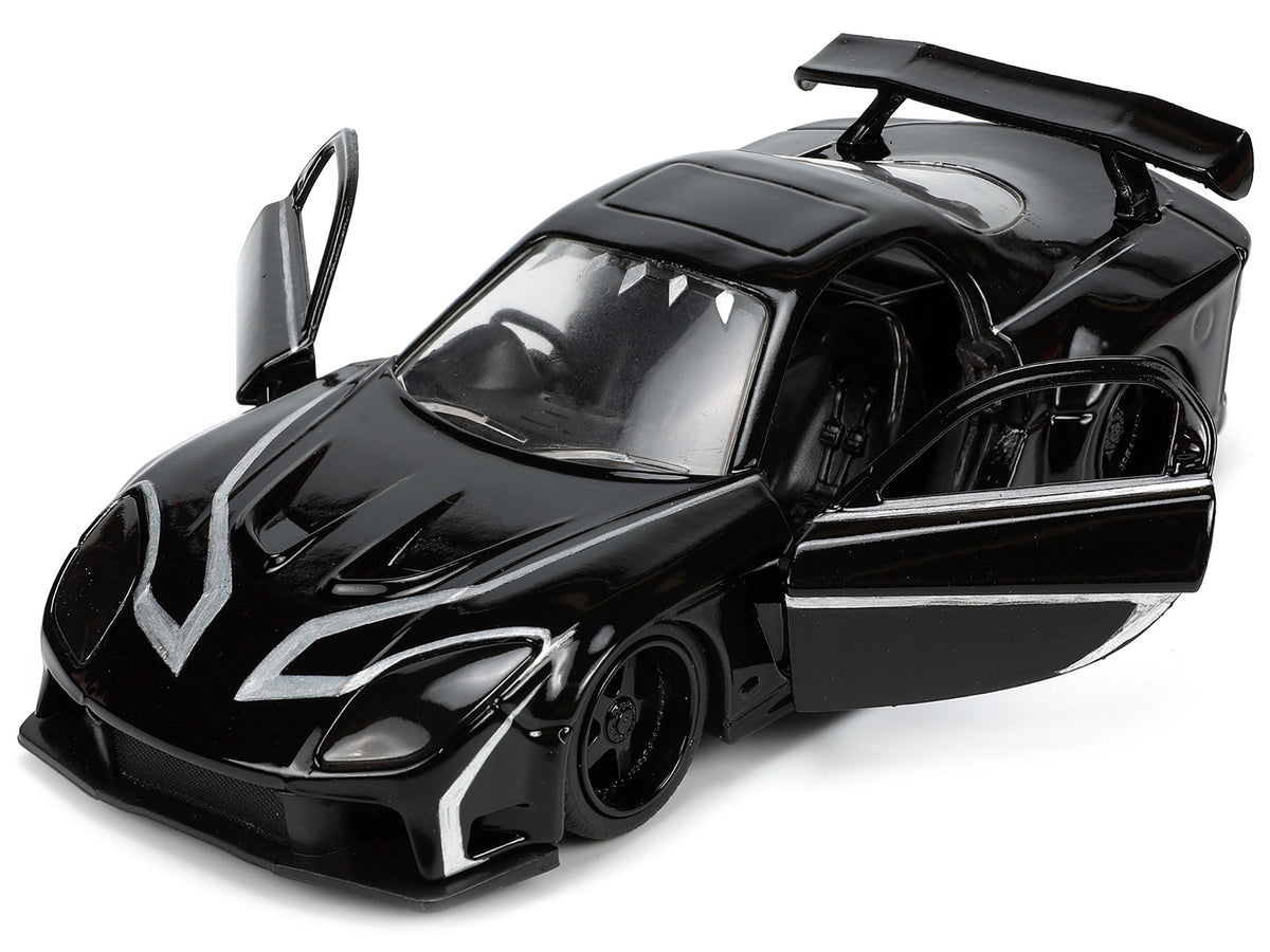 1995 Mazda RX-7 RHD (Right Hand Drive) Black and Black Panther Diecast Figure 'The Avengers' 'Hollywood Rides' Series 1/32 Diecast Model Car by Jada
