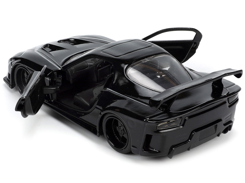 1995 Mazda RX-7 RHD (Right Hand Drive) Black and Black Panther Diecast Figure 'The Avengers' 'Hollywood Rides' Series 1/32 Diecast Model Car by Jada