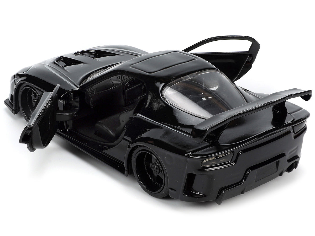 1995 Mazda RX-7 RHD (Right Hand Drive) Black and Black Panther Diecast Figure 'The Avengers' 'Hollywood Rides' Series 1/32 Diecast Model Car by Jada