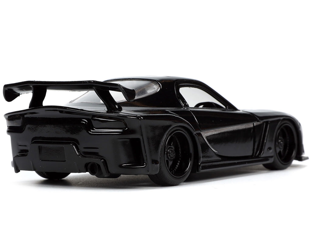 1995 Mazda RX-7 RHD (Right Hand Drive) Black and Black Panther Diecast Figure 'The Avengers' 'Hollywood Rides' Series 1/32 Diecast Model Car by Jada