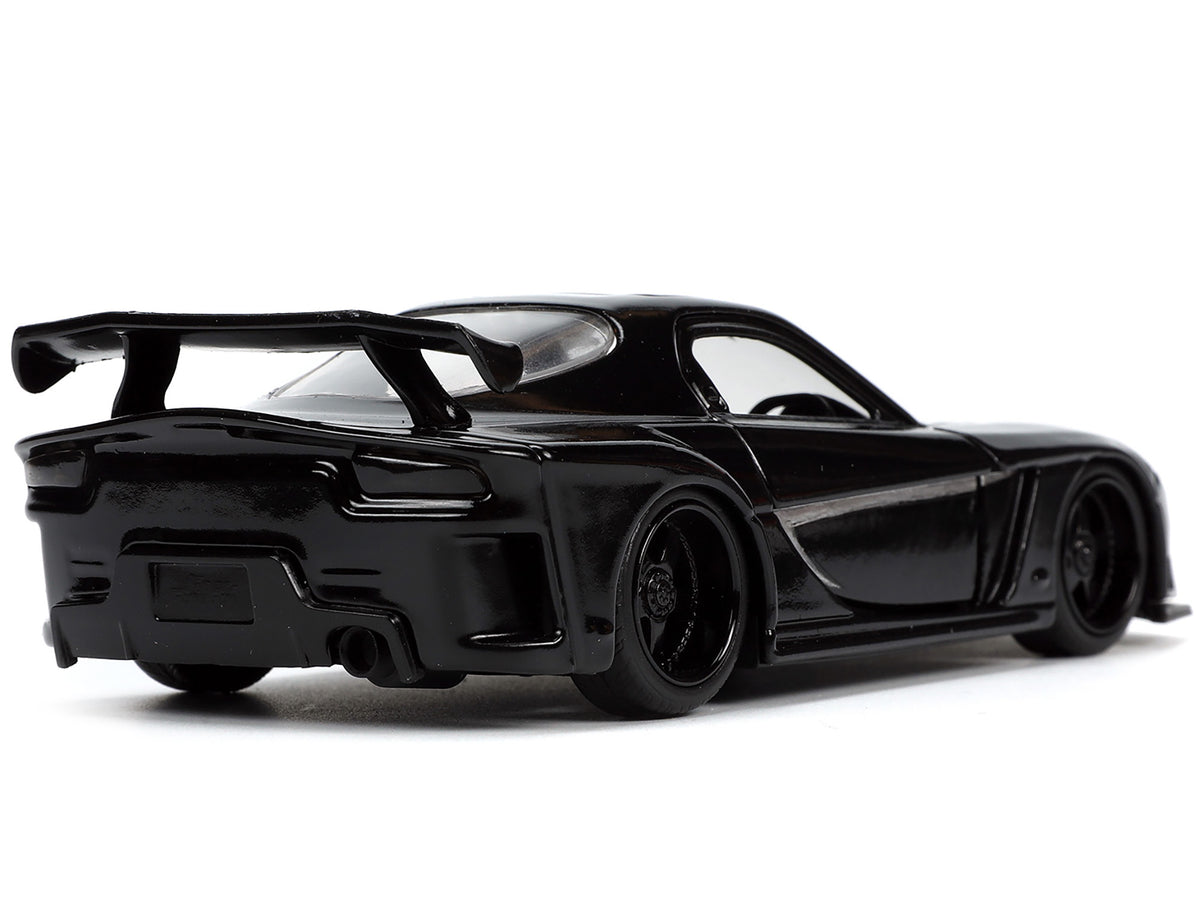 1995 Mazda RX-7 RHD (Right Hand Drive) Black and Black Panther Diecast Figure 'The Avengers' 'Hollywood Rides' Series 1/32 Diecast Model Car by Jada