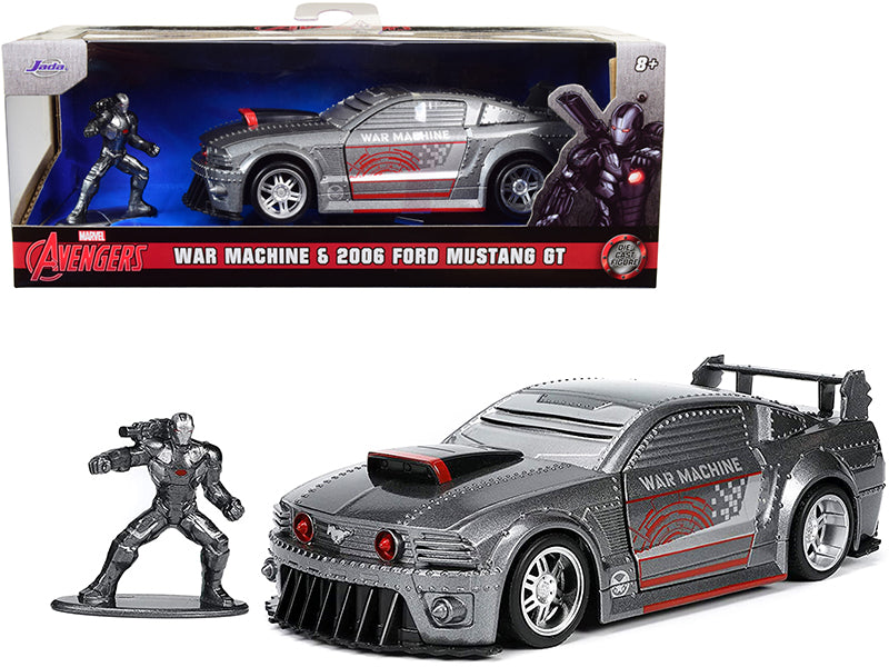 2006 Ford Mustang GT Gray Metallic and War Machine Diecast Figurine 'Avengers' 'Marvel' Series 'Hollywood Rides' Series 1/32 Diecast Model Car by Jada