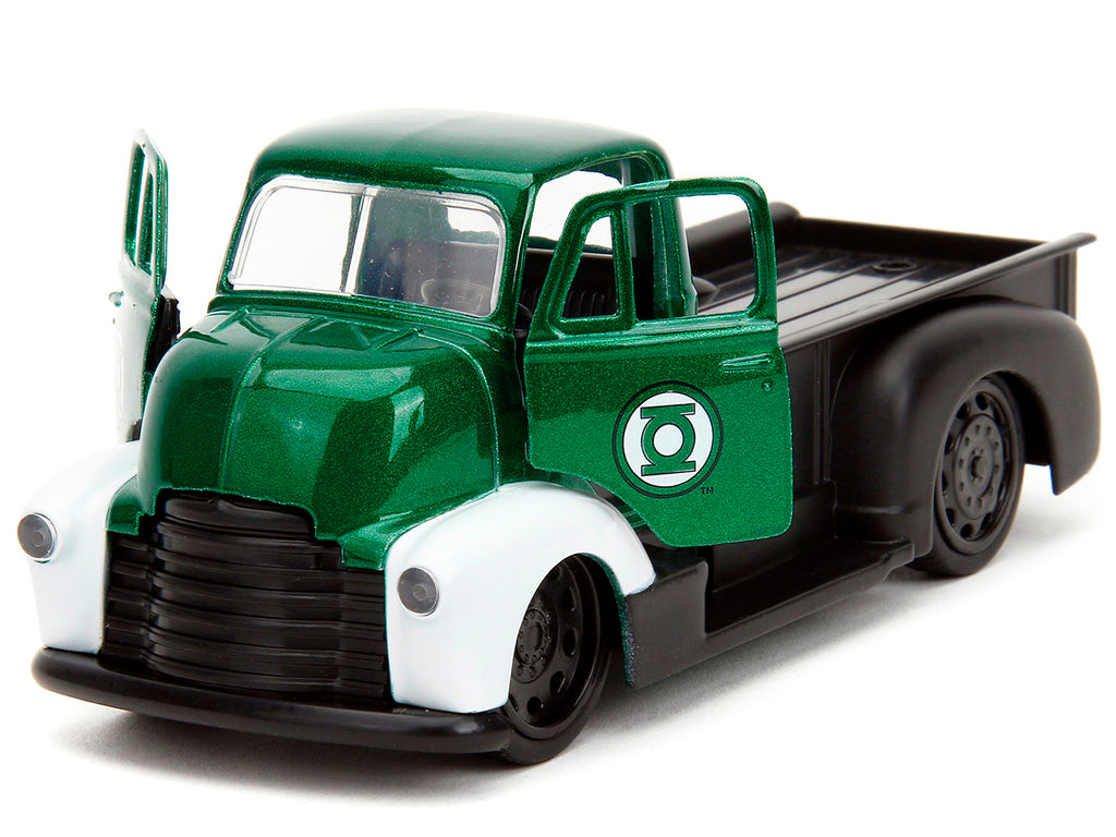 1952 Chevrolet COE Pickup Truck Green Metallic and Black and Green Lantern Diecast Figure 'DC Comics' 'Hollywood Rides' Series 1/32 Diecast Model Car by Jada