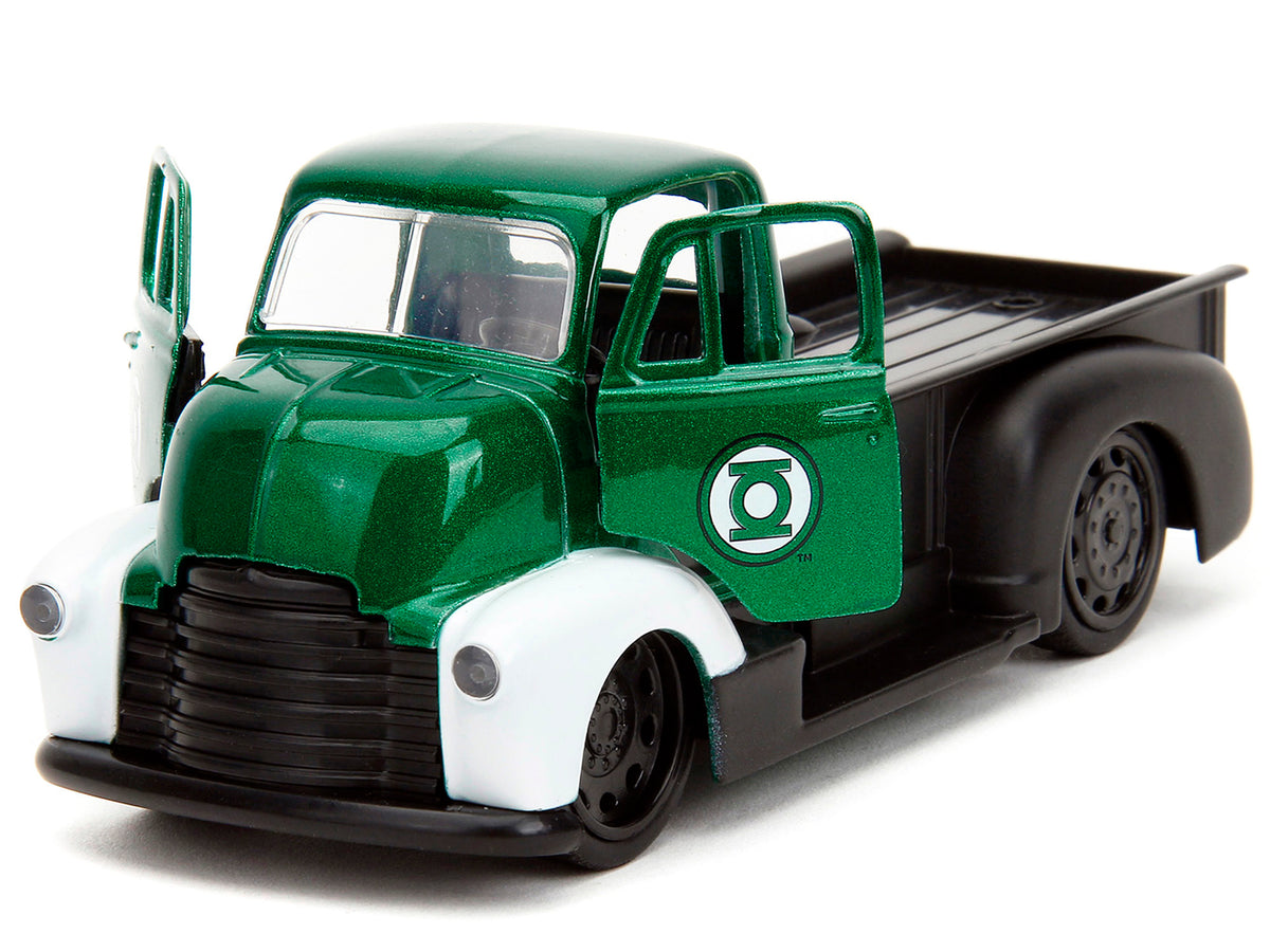 1952 Chevrolet COE Pickup Truck Green Metallic and Black and Green Lantern Diecast Figure 'DC Comics' 'Hollywood Rides' Series 1/32 Diecast Model Car by Jada