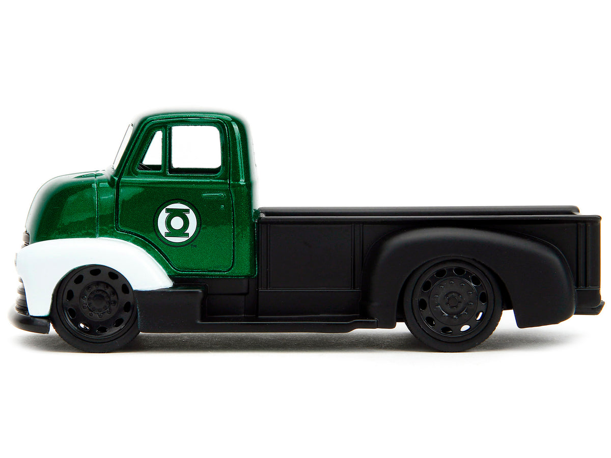 1952 Chevrolet COE Pickup Truck Green Metallic and Black and Green Lantern Diecast Figure 'DC Comics' 'Hollywood Rides' Series 1/32 Diecast Model Car by Jada