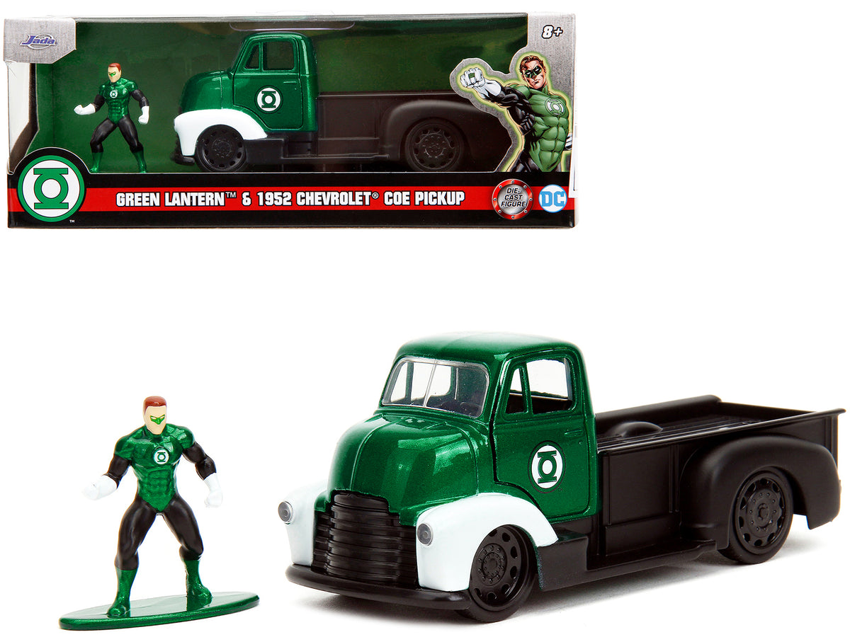 1952 Chevrolet COE Pickup Truck Green Metallic and Black and Green Lantern Diecast Figure 'DC Comics' 'Hollywood Rides' Series 1/32 Diecast Model Car by Jada