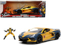 2020 Chevrolet Corvette C8 Stingray Gold Metallic and Dark Blue and Wolverine Diecast Figurine 'X-Men' 'Marvel' Series 'Hollywood Rides' 1/24 Diecast Model Car by Jada