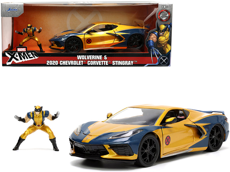 2020 Chevrolet Corvette C8 Stingray Gold Metallic and Dark Blue and Wolverine Diecast Figurine 'X-Men' 'Marvel' Series 'Hollywood Rides' 1/24 Diecast Model Car by Jada