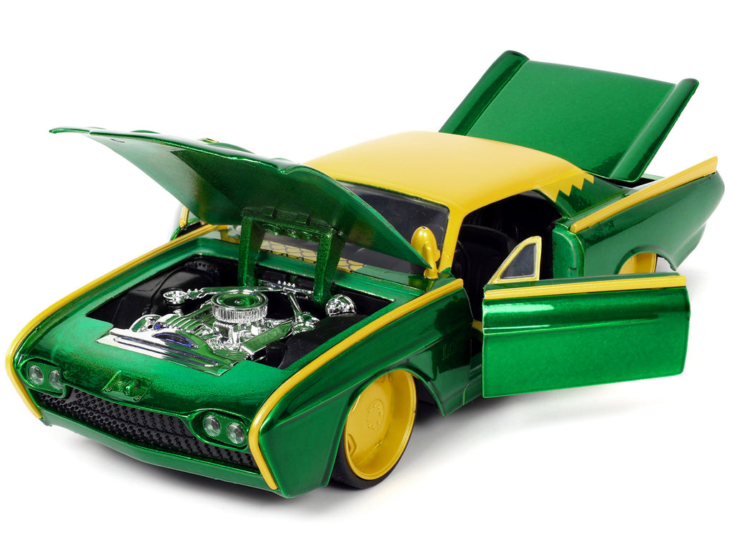 1963 Ford Thunderbird Green and Yellow Metallic with Hood Graphics and Loki Diecast Figure 'Loki' 'Marvel' Series 1/24 Diecast Model Car by Jada