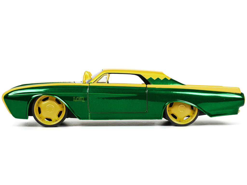 1963 Ford Thunderbird Green and Yellow Metallic with Hood Graphics and Loki Diecast Figure 'Loki' 'Marvel' Series 1/24 Diecast Model Car by Jada
