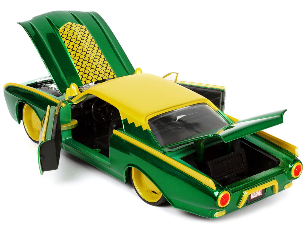 1963 Ford Thunderbird Green and Yellow Metallic with Hood Graphics and Loki Diecast Figure 'Loki' 'Marvel' Series 1/24 Diecast Model Car by Jada