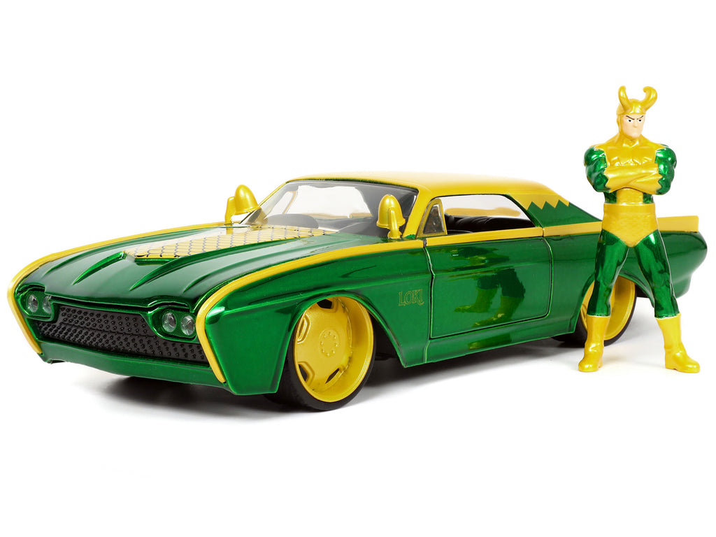 1963 Ford Thunderbird Green and Yellow Metallic with Hood Graphics and Loki Diecast Figure 'Loki' 'Marvel' Series 1/24 Diecast Model Car by Jada