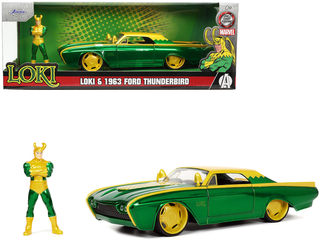 1963 Ford Thunderbird Green and Yellow Metallic with Hood Graphics and Loki Diecast Figure 'Loki' 'Marvel' Series 1/24 Diecast Model Car by Jada