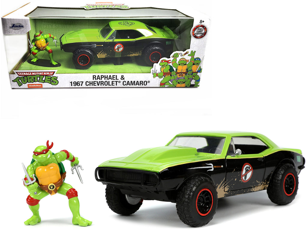 1967 Chevrolet Camaro Offroad Bright Green and Matt Black (Dirty Version) and Raphael Diecast Figure 'Teenage Mutant Ninja Turtles' 'Hollywood Rides' Series 1/24 Diecast Model Car by Jada