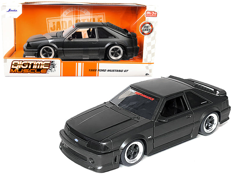 1989 Ford Mustang GT 5.0 Matt Black Metallic with Matt Black Hood 'Bigtime Muscle' Series 1/24 Series Diecast Model Car by Jada