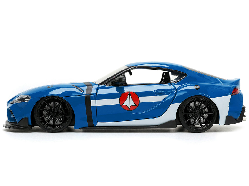 2020 Toyota Supra Blue with Graphics and Max Sterling Diecast Figurine 'Robotech' 'Hollywood Rides' Series 1/24 Diecast Model Car by Jada