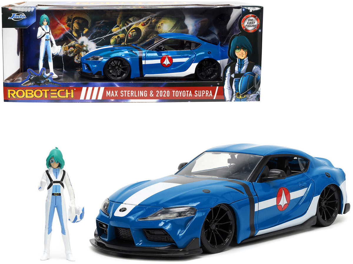 2020 Toyota Supra Blue with Graphics and Max Sterling Diecast Figurine 'Robotech' 'Hollywood Rides' Series 1/24 Diecast Model Car by Jada