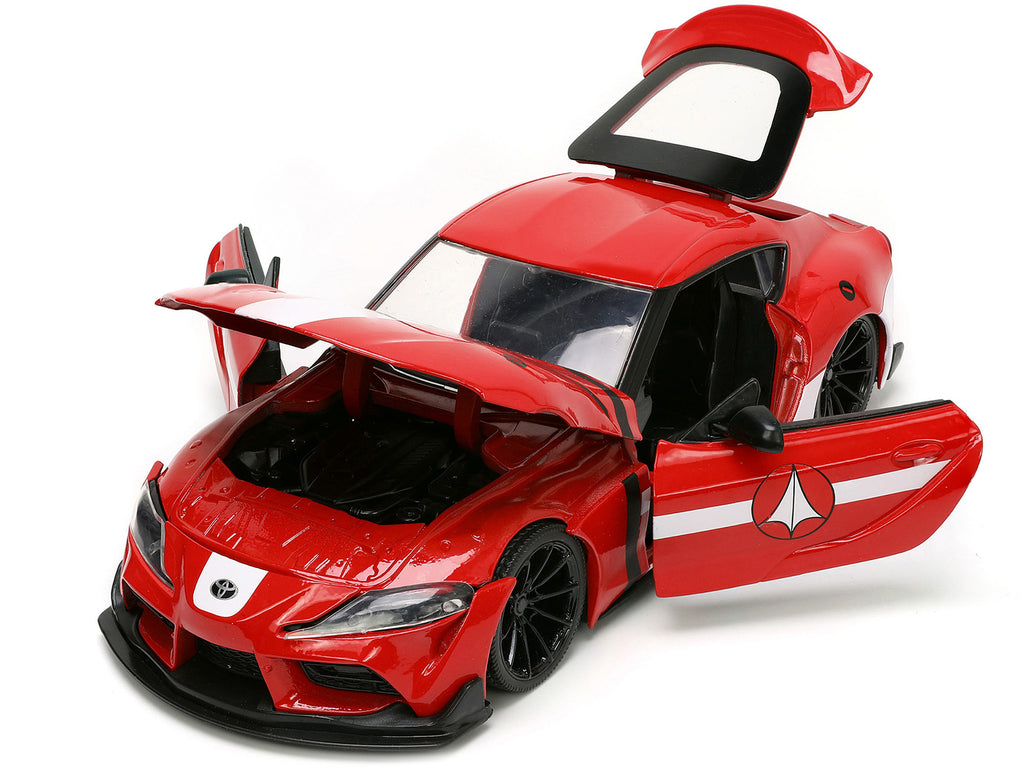 2020 Toyota Supra Red with Graphics and Miriya Sterling Diecast Figurine 'Robotech' 'Hollywood Rides' Series 1/24 Diecast Model Car by Jada