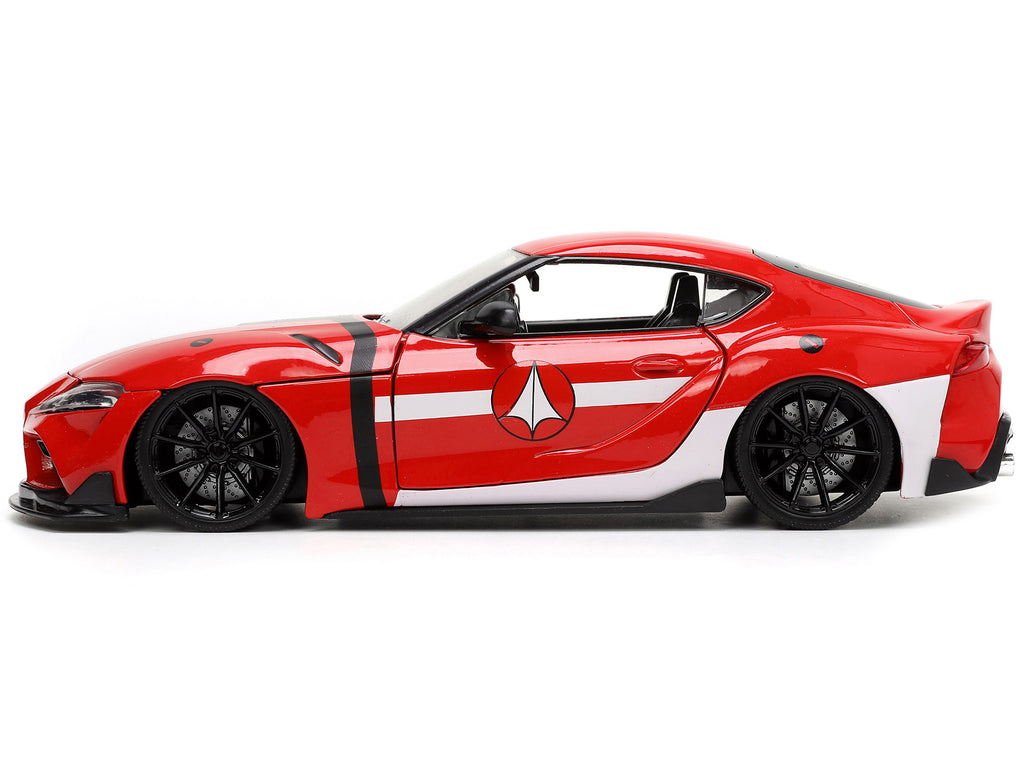 2020 Toyota Supra Red with Graphics and Miriya Sterling Diecast Figurine 'Robotech' 'Hollywood Rides' Series 1/24 Diecast Model Car by Jada