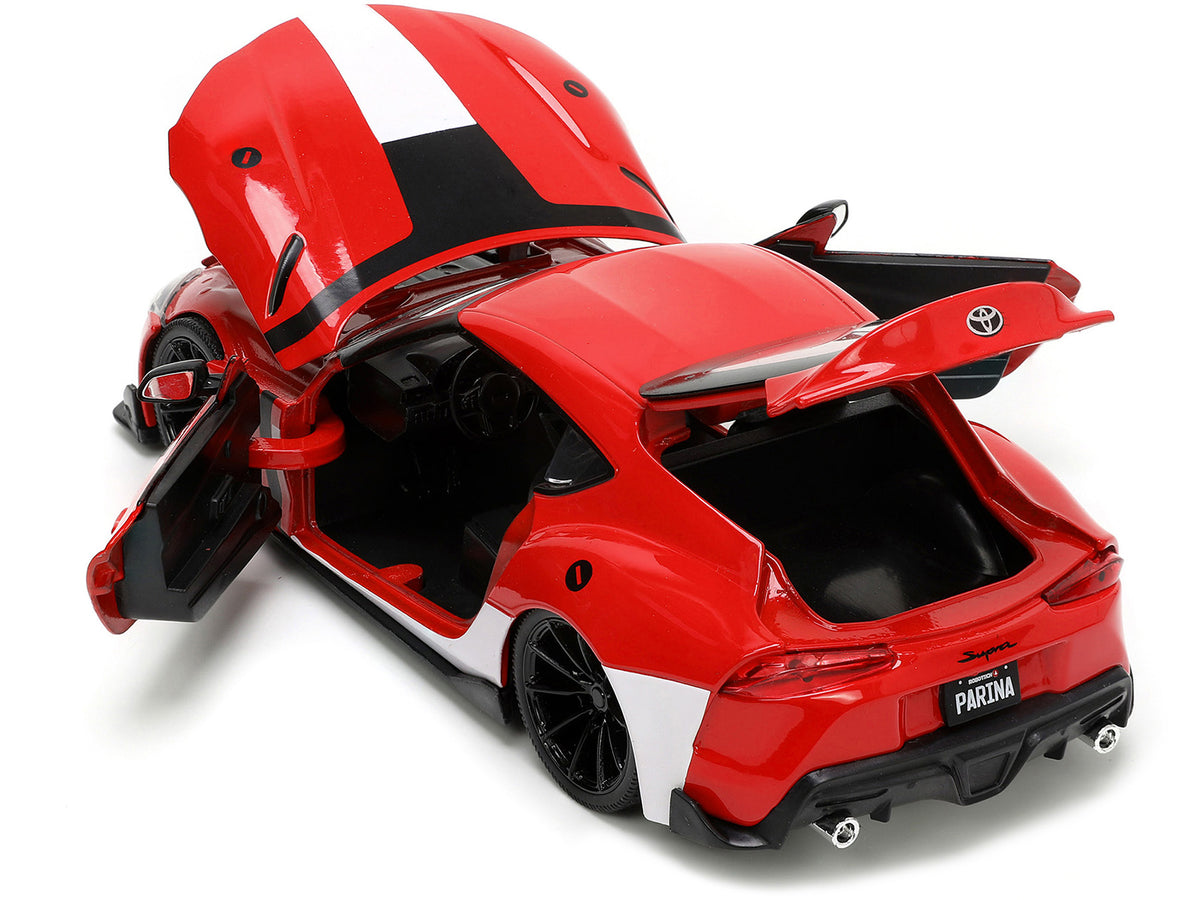 2020 Toyota Supra Red with Graphics and Miriya Sterling Diecast Figurine 'Robotech' 'Hollywood Rides' Series 1/24 Diecast Model Car by Jada