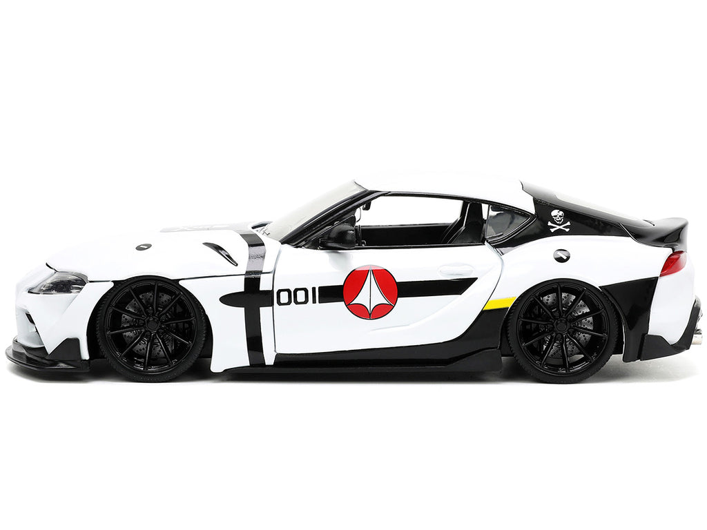 2020 Toyota Supra White and Roy Focker Diecast Figurine 'Robotech' 'Hollywood Rides' Series 1/24 Diecast Model Car by Jada