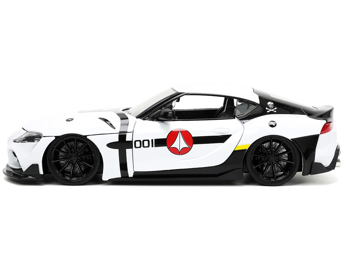2020 Toyota Supra White and Roy Focker Diecast Figurine 'Robotech' 'Hollywood Rides' Series 1/24 Diecast Model Car by Jada