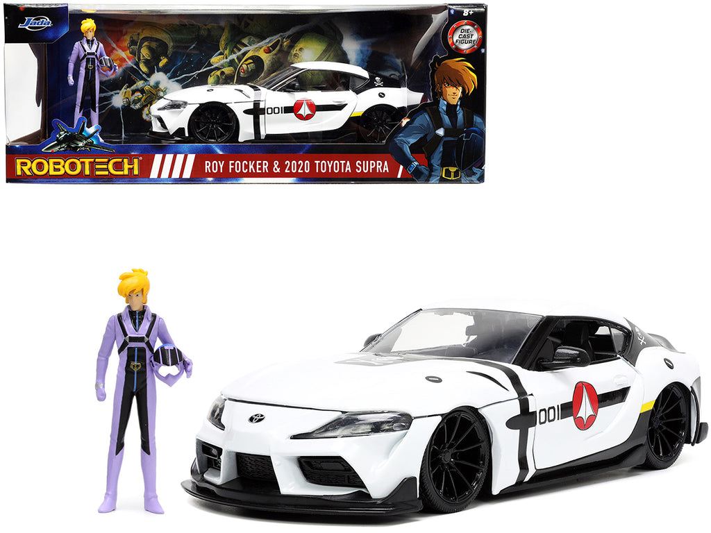 2020 Toyota Supra White and Roy Focker Diecast Figurine 'Robotech' 'Hollywood Rides' Series 1/24 Diecast Model Car by Jada