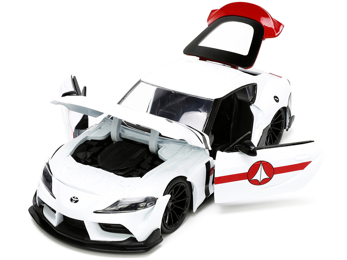 2020 Toyota Supra White and Rick Hunter Diecast Figurine 'Robotech' 'Hollywood Rides' Series 1/24 Diecast Model Car by Jada