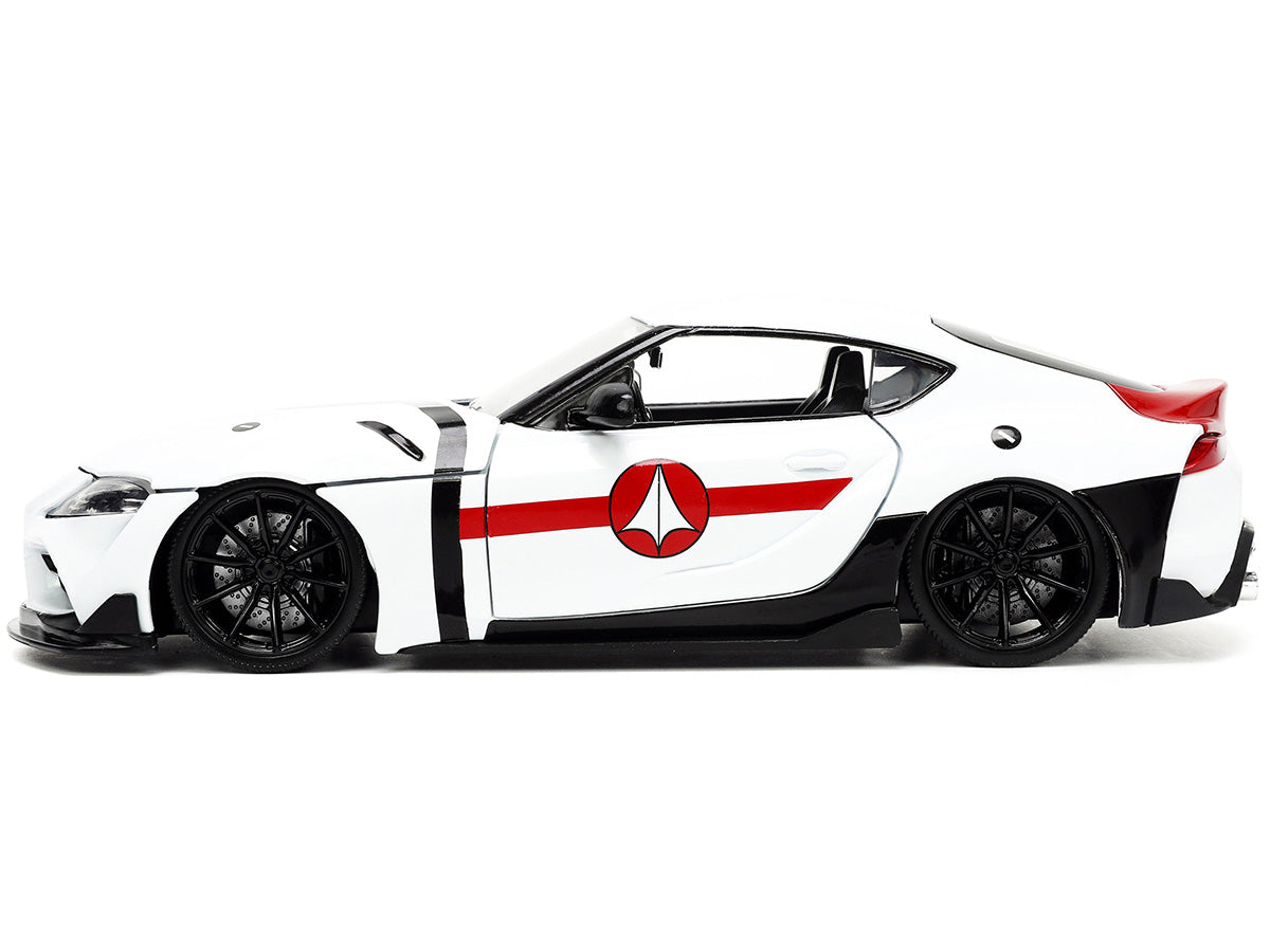 2020 Toyota Supra White and Rick Hunter Diecast Figurine 'Robotech' 'Hollywood Rides' Series 1/24 Diecast Model Car by Jada